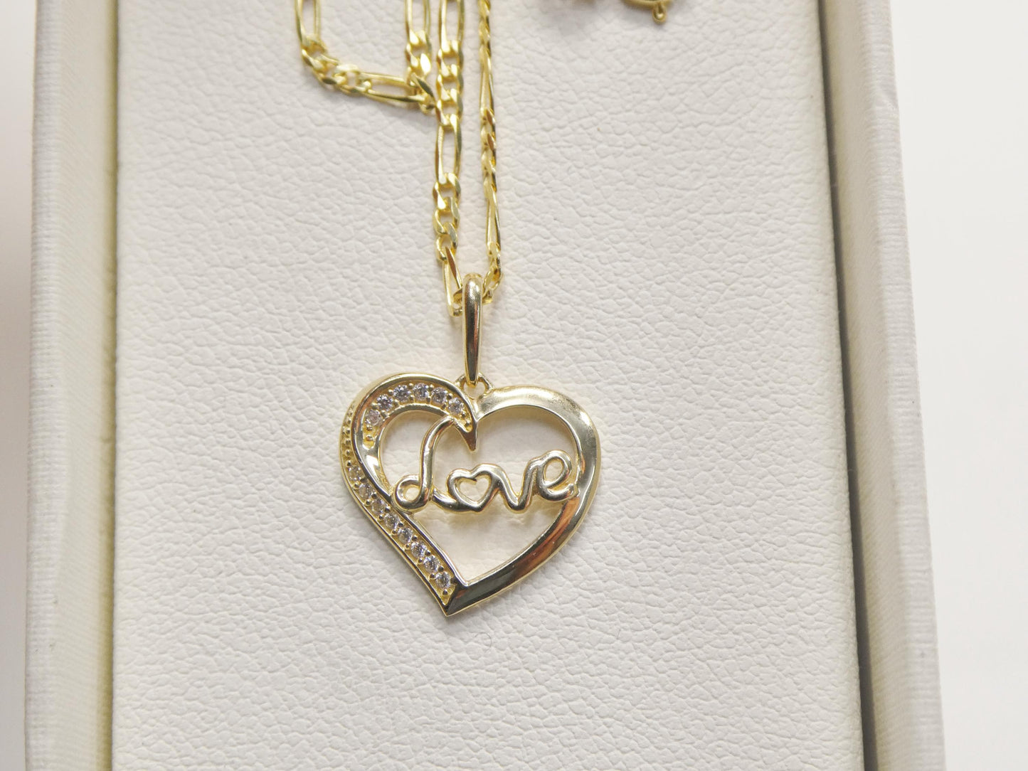 10k Yellow Gold Figaro Chain Necklace with Love Heart Pendant