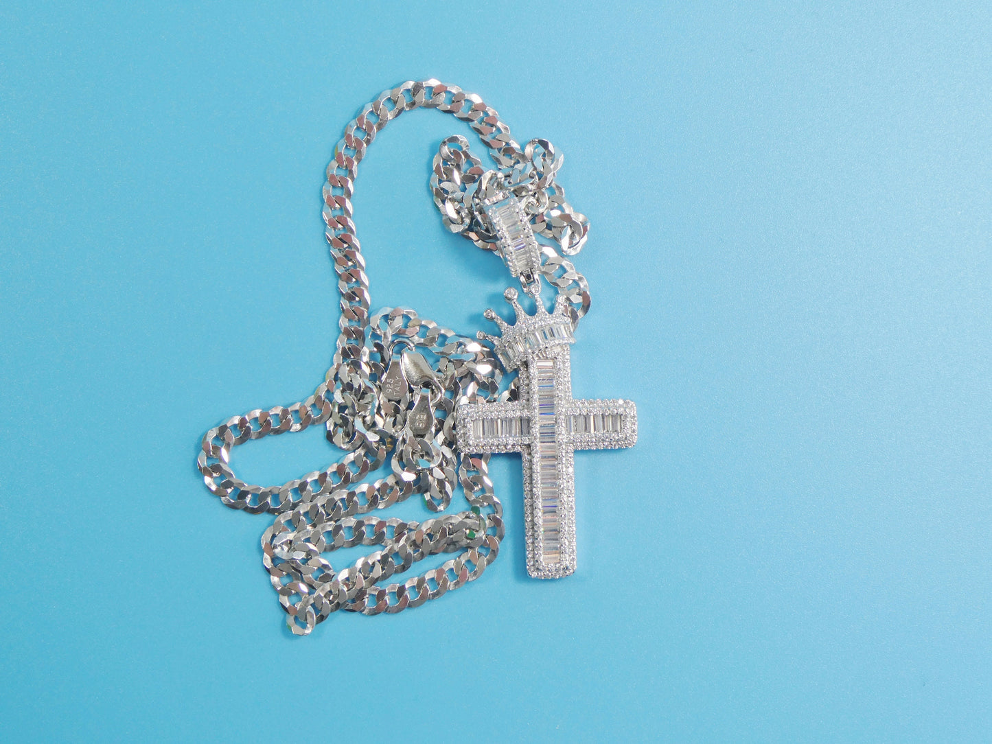 14k white gold color tone chain and large crown cross charm pendent over real 925 sterling silver