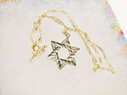 10k Yellow Gold Star of David Pendant Necklace: 18 inch Figaro Chain