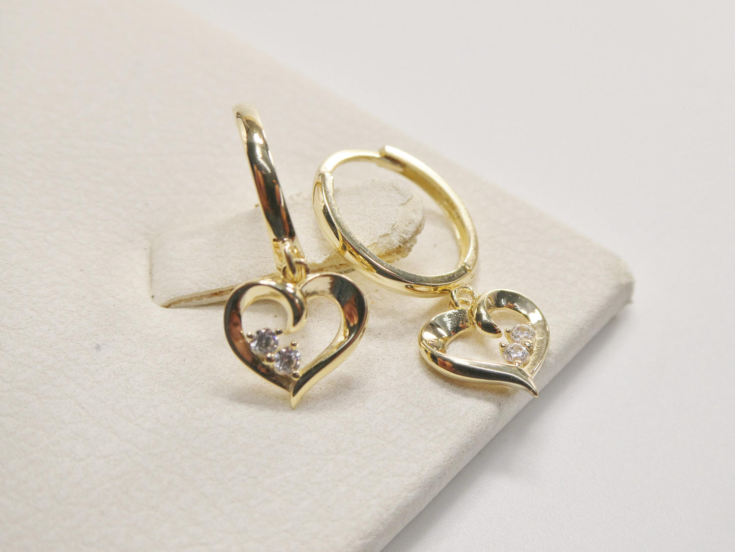 real 10k solid yellow gold designer heart dangling hoop huggie earrings