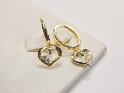 Real 10k Solid Yellow Gold Designer Heart Dangling Hoop Huggie Earrings
