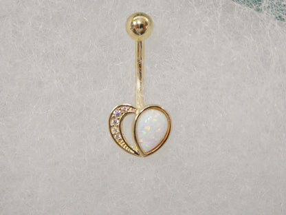 14k Real Solid Yellow Gold Heart Shape Opal Belly Button Ring piercing