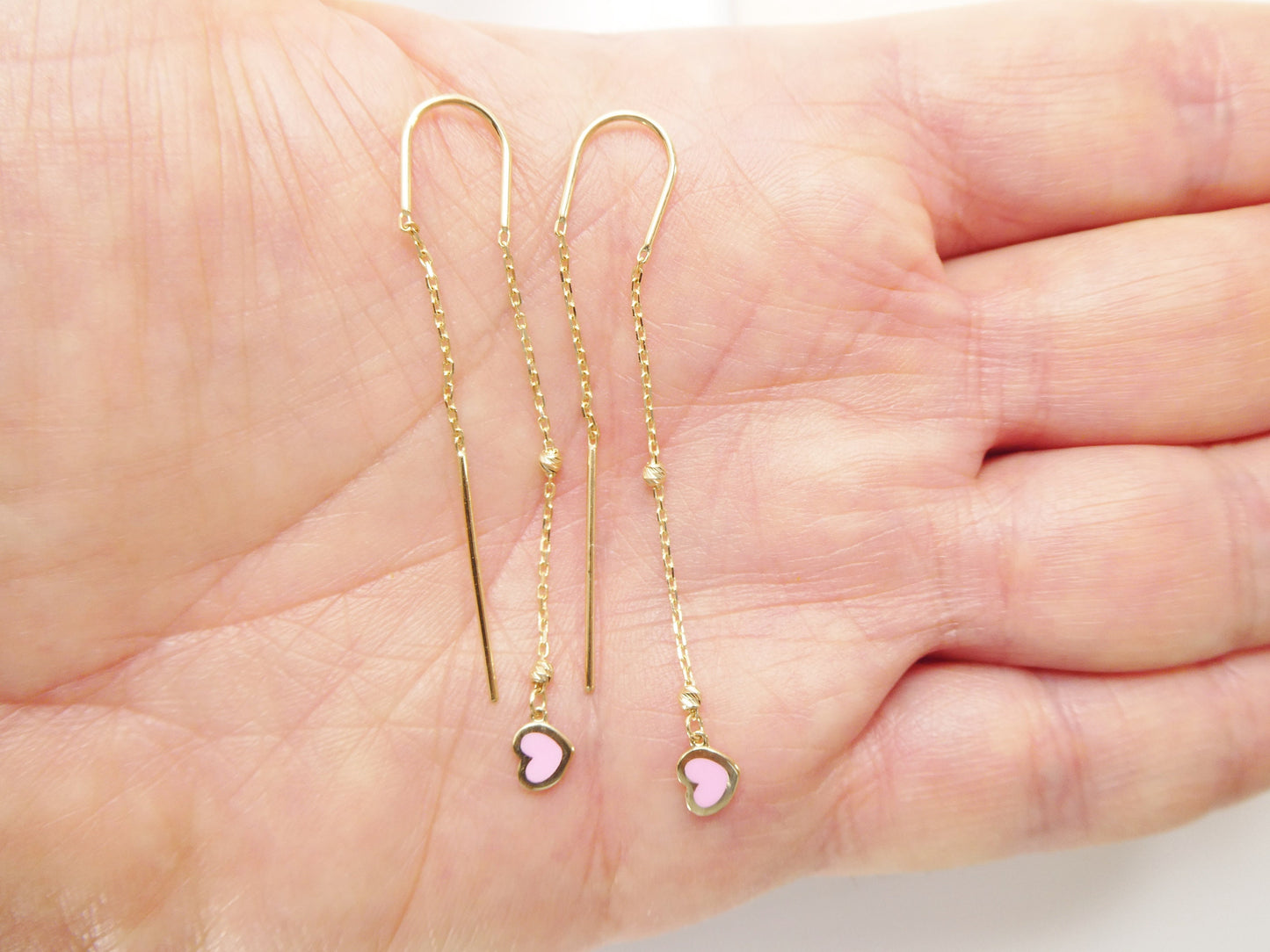 14k real solid yellow gold white heart enamel long dangling earrings