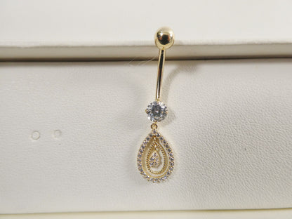 14k Real Solid Yellow Gold Oval Dangling Belly Button Ring Piercing