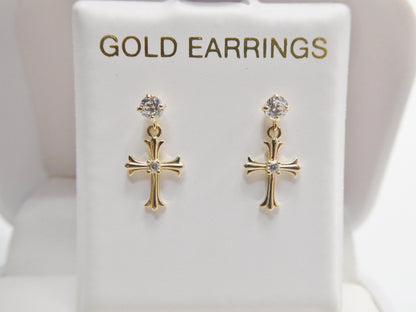 Real 10k Solid Yellow Gold Cross Dropping Push Post Earrings