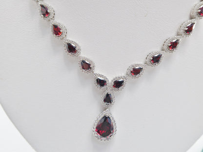 Real 925 Sterling Silver Teardrop Red Garnet Women Necklace