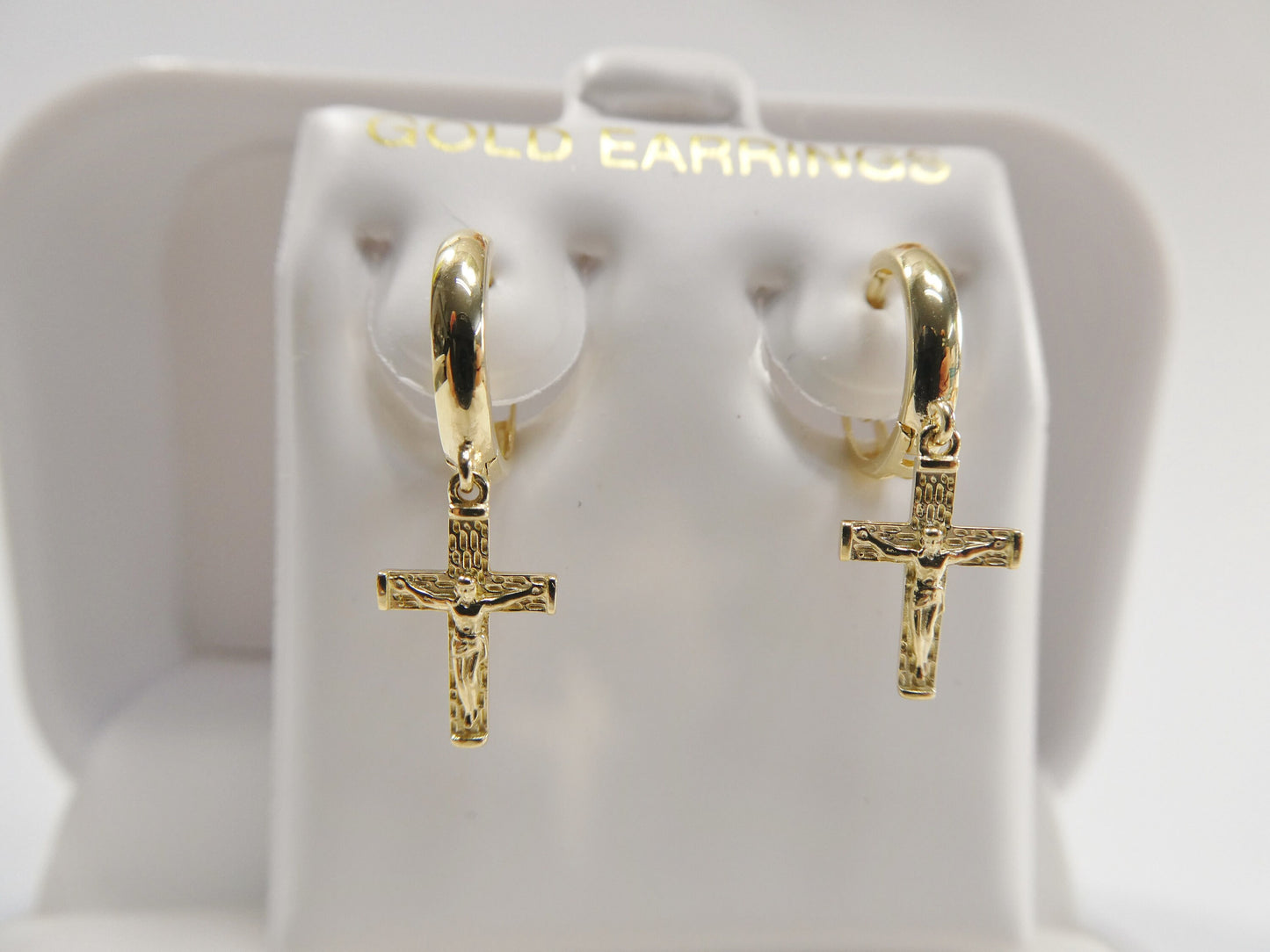 real 10k solid yellow gold cross dropping hoop huggie earrings