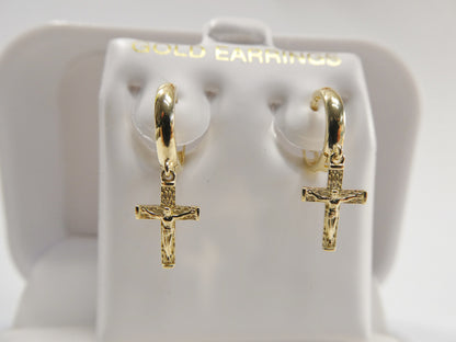 Real 10k Solid Yellow Gold Cross Dropping Hoop Huggie Earrings