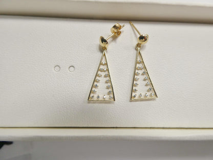 Real 10k Solid Yellow Gold Pyramid Triangle Drop Dangling Push Post Earrings