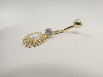 14k Real Solid Yellow Gold Dangling Barbell Opal Belly Button Ring Piercing