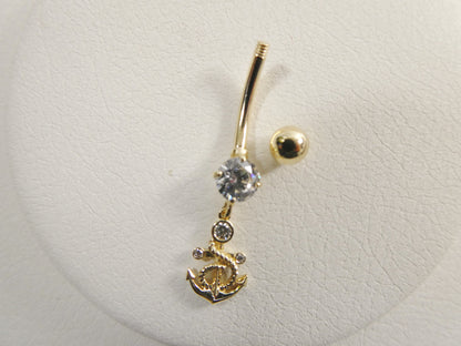 14k Real Solid Yellow Gold Anchor Dangling Belly Button Ring Piercing
