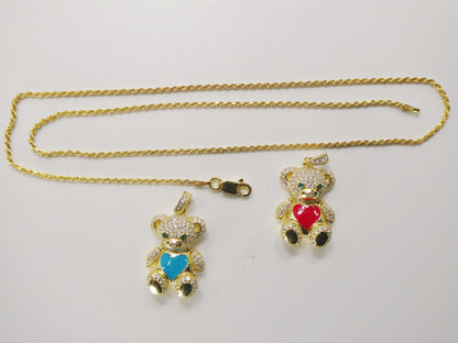 925 Sterling Silver Enamel Color Teddy Bear Pendent Set Charm