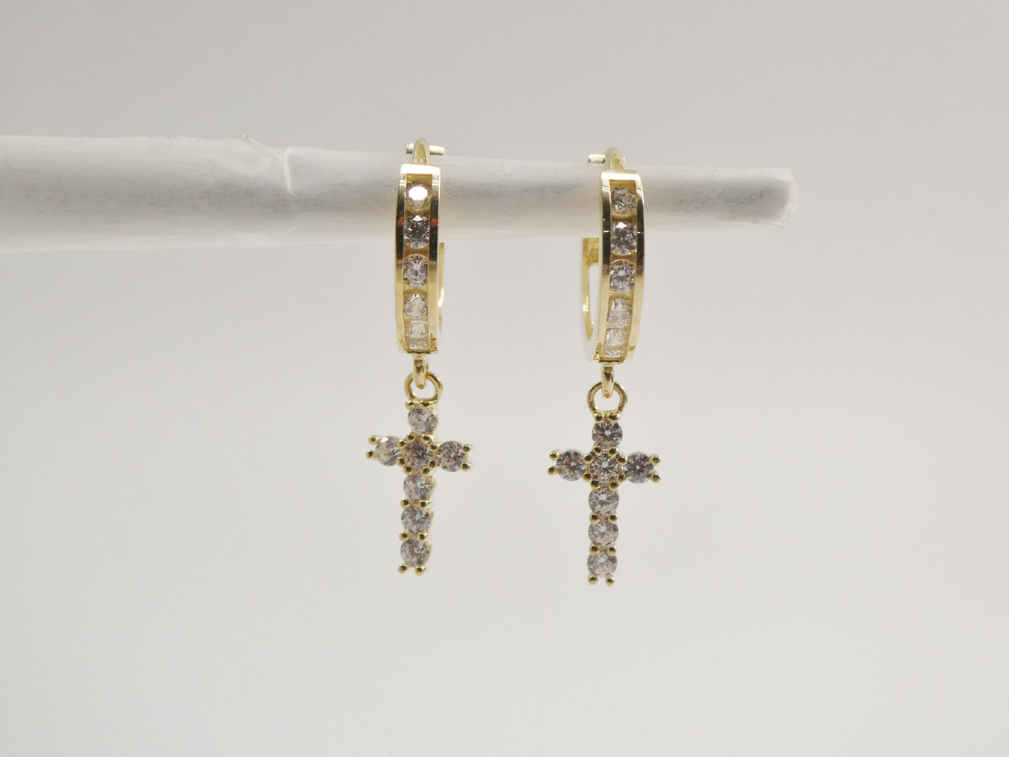 10k Yellow Gold Huggie Hoop Earrings: Cubic Zirconia Cross Dangle