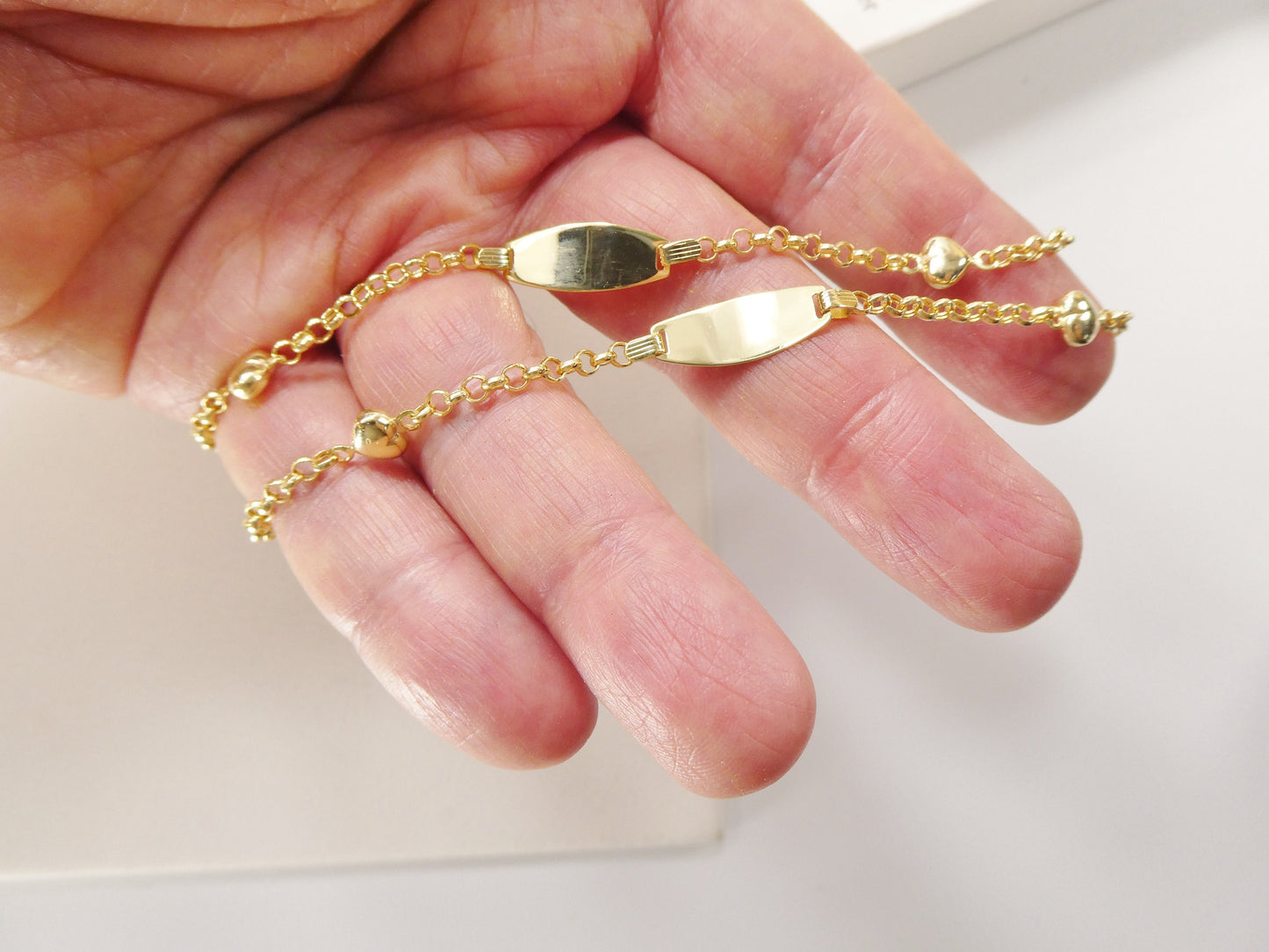 real 10k solid yellow gold 5.5/ 6.5 inch children/women double heart id bracelet