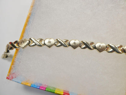 Real 10k Solid Yellow Gold XO Heart Hugs and Kisses Stampato 6.5 Inch Bracelet