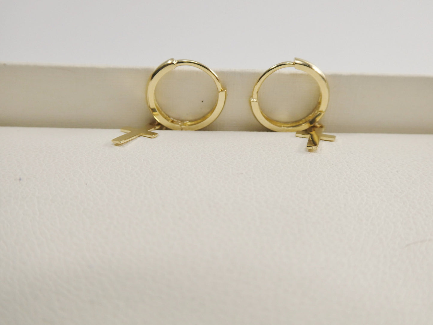 real 10k solid yellow gold hoop huggie dangle plain cross earrings