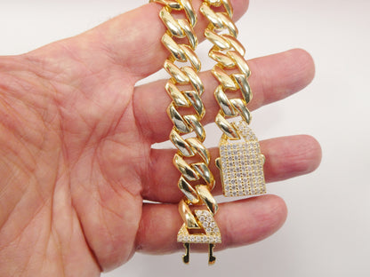 14MM Real 925 Sterling Silver 14k Yellow Gold Color Monaco Bracelet