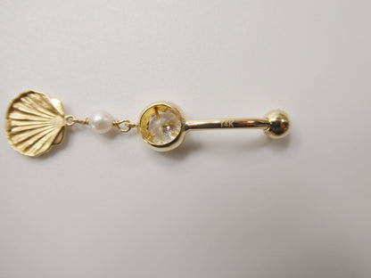 14k Real Solid Yellow Gold Mother of Pearl Turtle Belly Button Ring Piercing