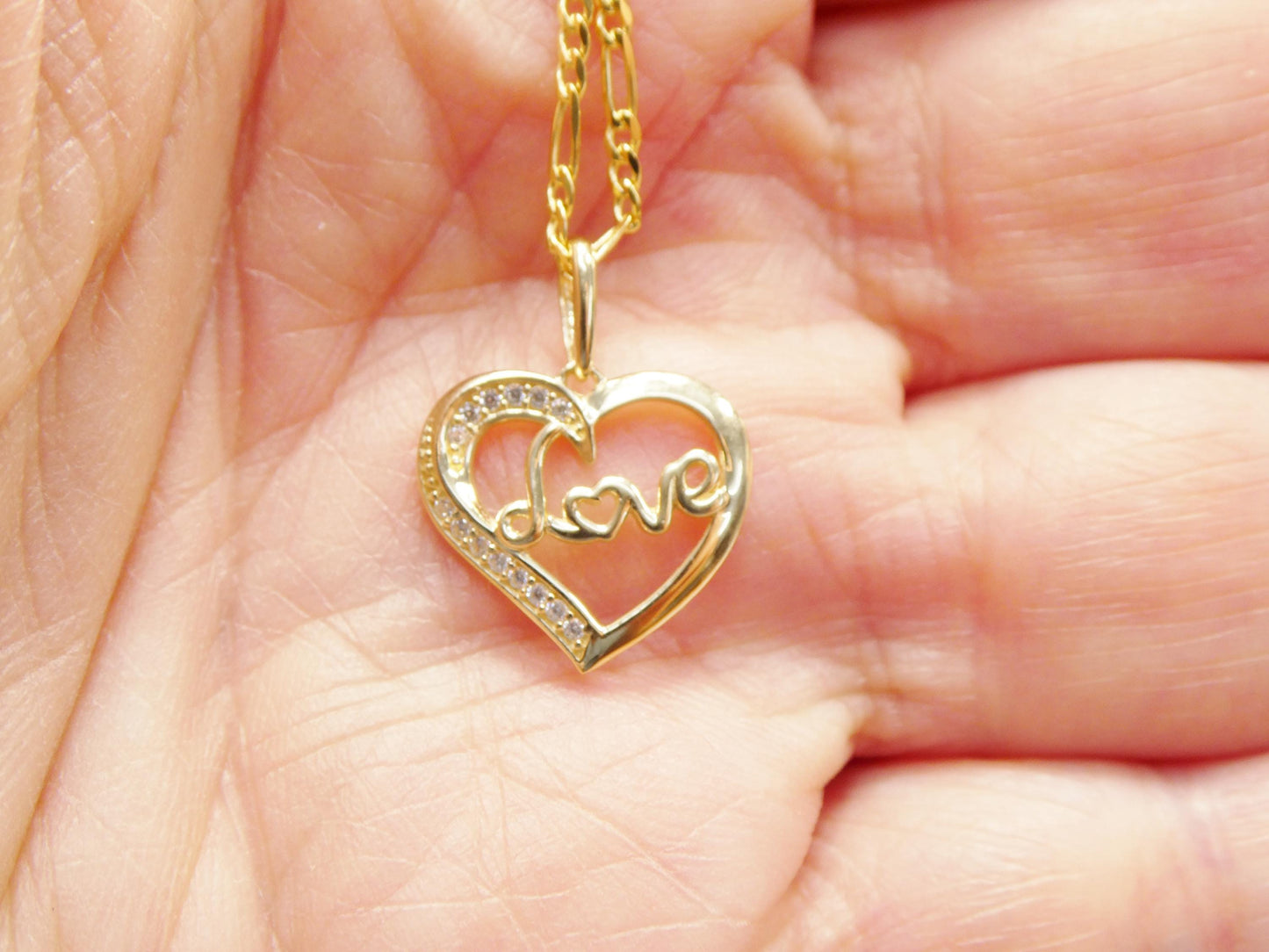 10k Yellow Gold Figaro Chain Necklace with Love Heart Pendant