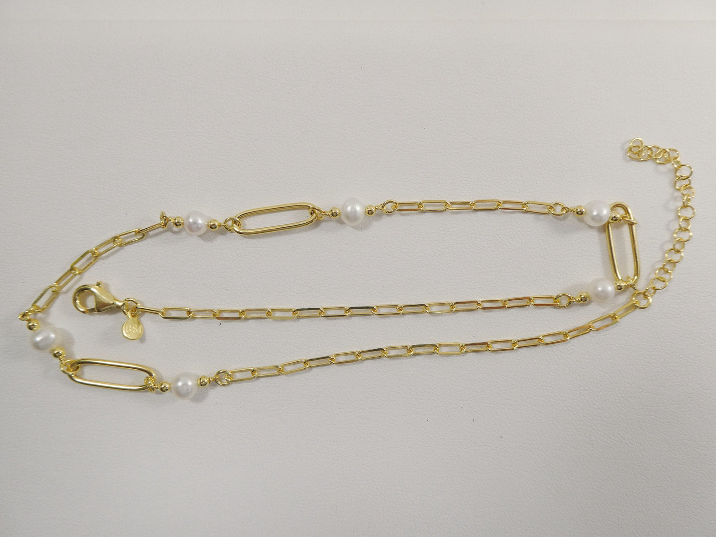 16 inch W/ 2 INCH EXTENTION  pearl / paper clip  necklace real 925 sterling silver 14k gold color finish