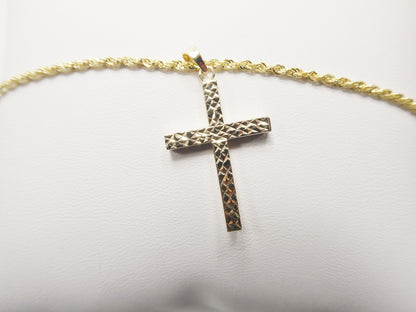 14k Real Solid Yellow Gold Diamond Cut Cross Pendent and Robe Necklace