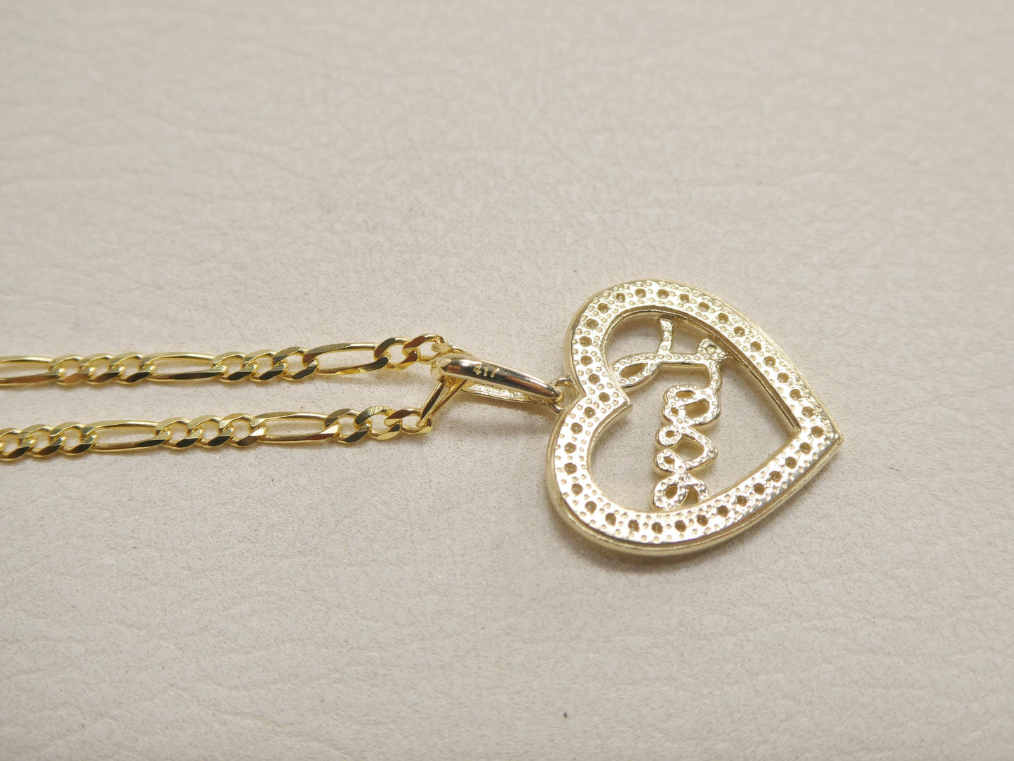 10k real solid yellow gold 18 inch solid figaro chain and love heart pendent