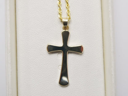 14k Real Solid Yellow Gold Super Polish Cross Pendent and Robe Necklace