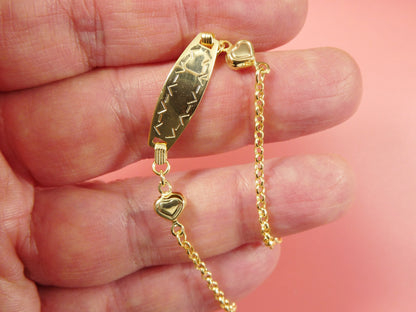 14k Real Solid Yellow Gold Double Heart 6 Inch Baby ID Bracelet