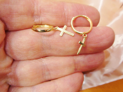 Real 10k Solid Yellow Gold Cross Dropping Hoop Huggie Earrings