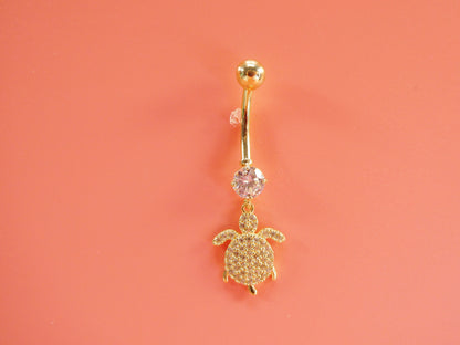 14k Real Solid Yellow Gold Dangling Turtle Belly Button Ring Piercing