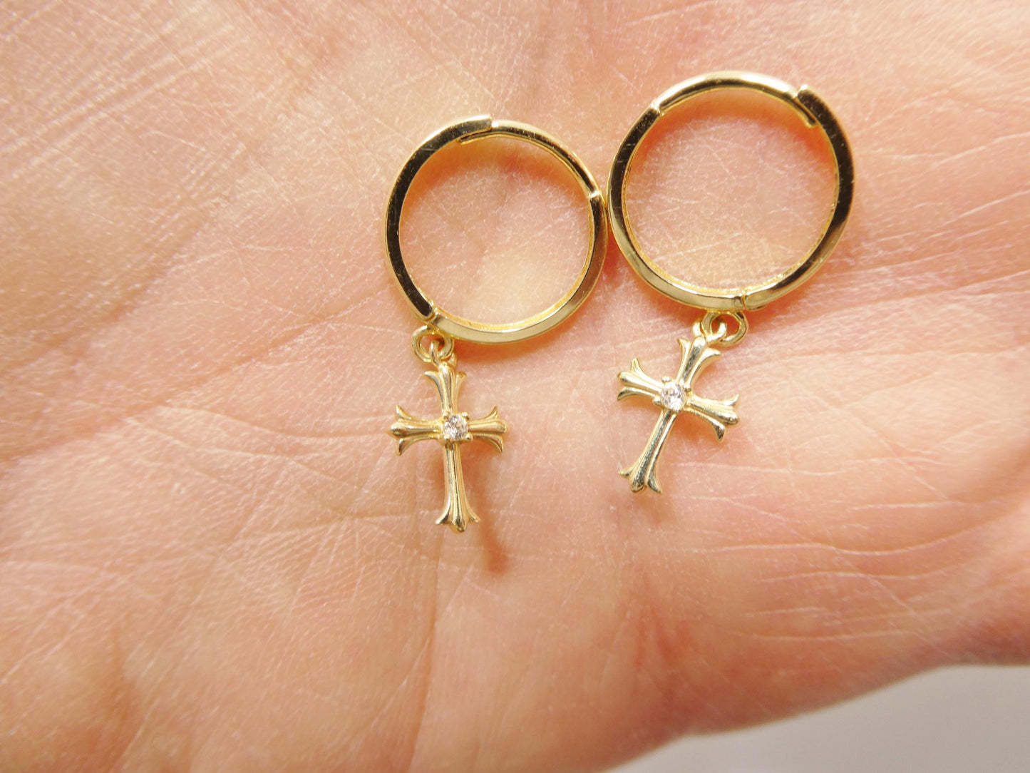 real 10k solid yellow gold cross dropping hoop huggie earring