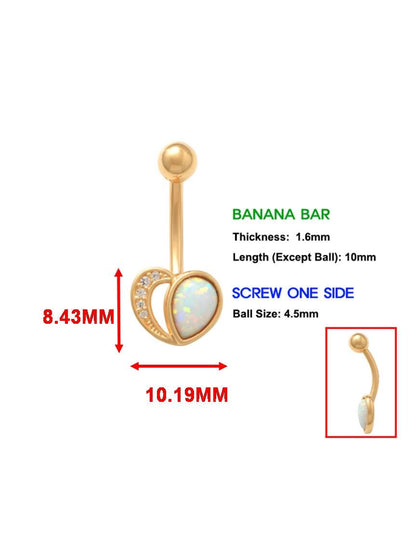 14k Real Solid Yellow Gold Heart Shape Opal Belly Button Ring piercing
