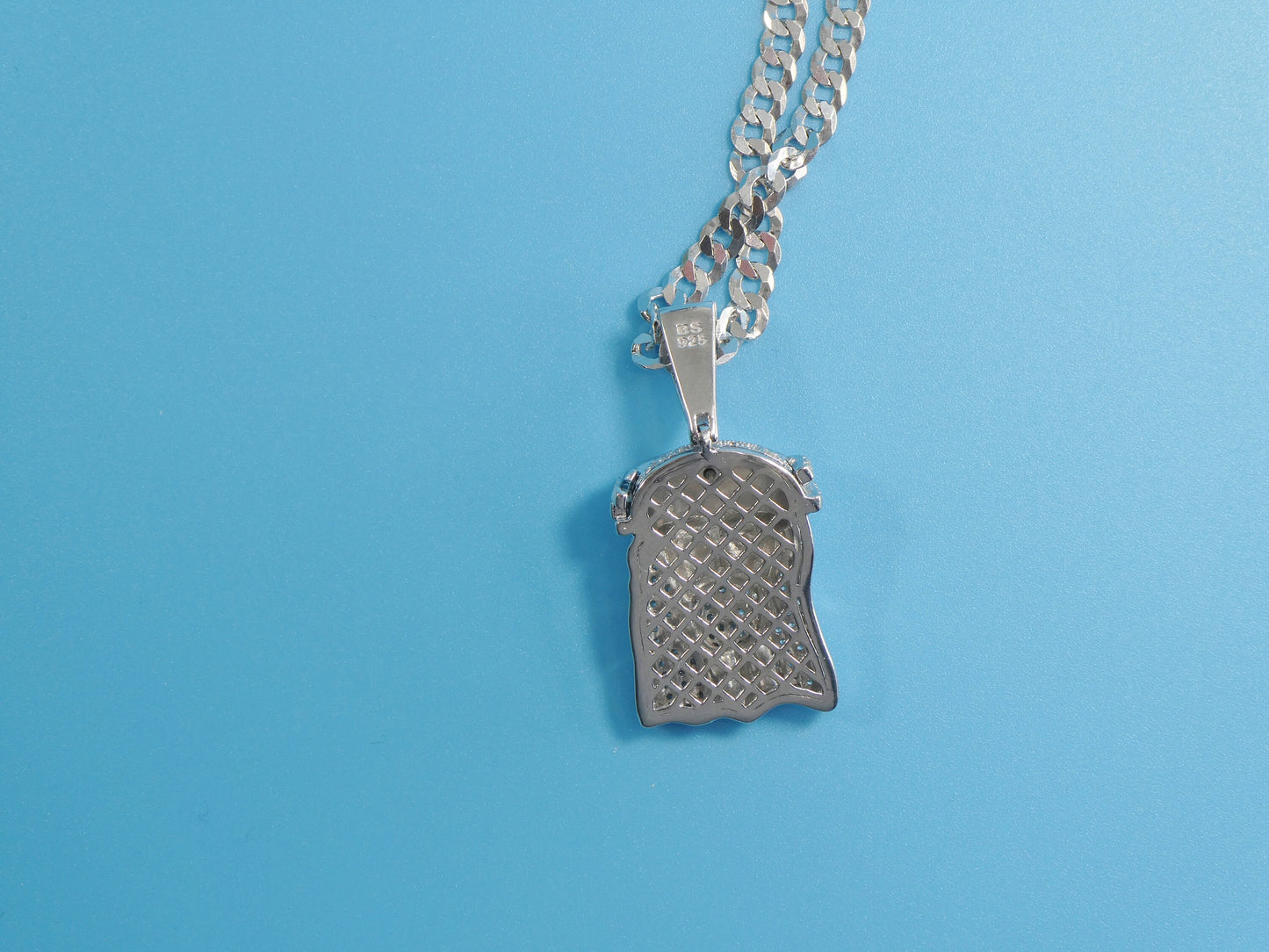 14k white gold color tone chain and large Jesus face charm pendent over real 925 sterling silver