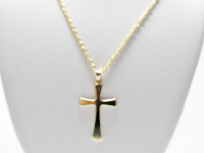 14k Real Solid Yellow Gold Super Polish Cross Pendent and Robe Necklace