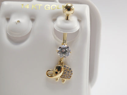 14k Real Solid Yellow Gold Elephant Dangling Belly Button Ring Piercing
