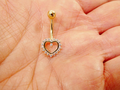 14k real solid yellow gold heart belly button ring piercing