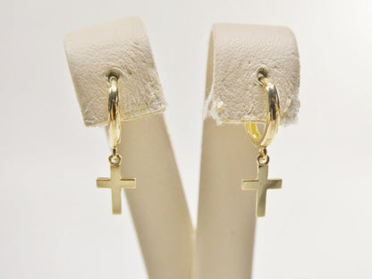 Real 10k Solid Yellow Gold Cross Dropping Hoop Huggie Earrings