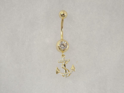 14k Real Solid Yellow Gold Dangling Anchor Belly Button Ring Piercing