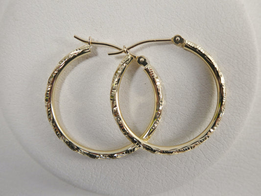 14K real solid yellow gold 25mm round hoop earring snap closure diamond cut finish