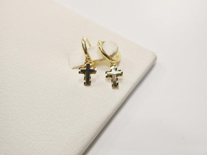 Real 10k Solid Yellow Gold Cross Dropping Hoop Huggie Earrings