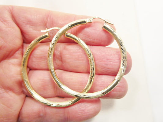 10k real solid yellow gold diamond cut hoop earrings