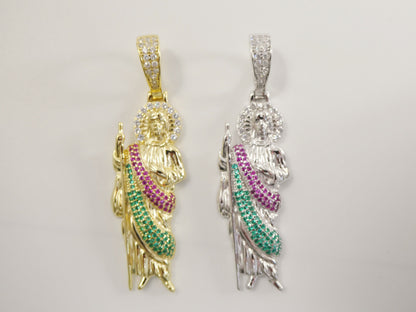 Real Solid 925 Sterling Silver Large Color Stone Saint Jude Pendent