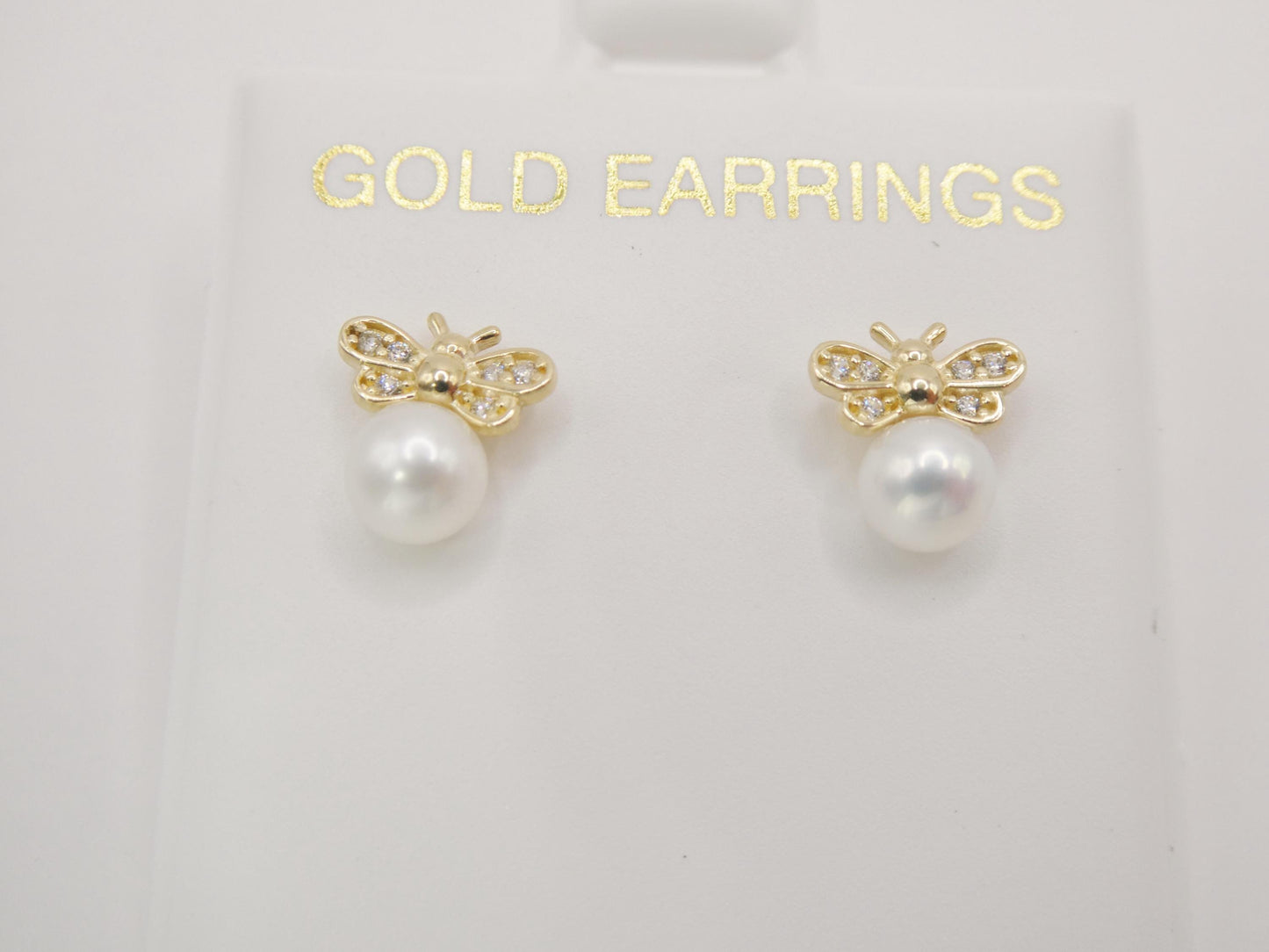 10k real solid yellow gold push back honey bee pearl earrings