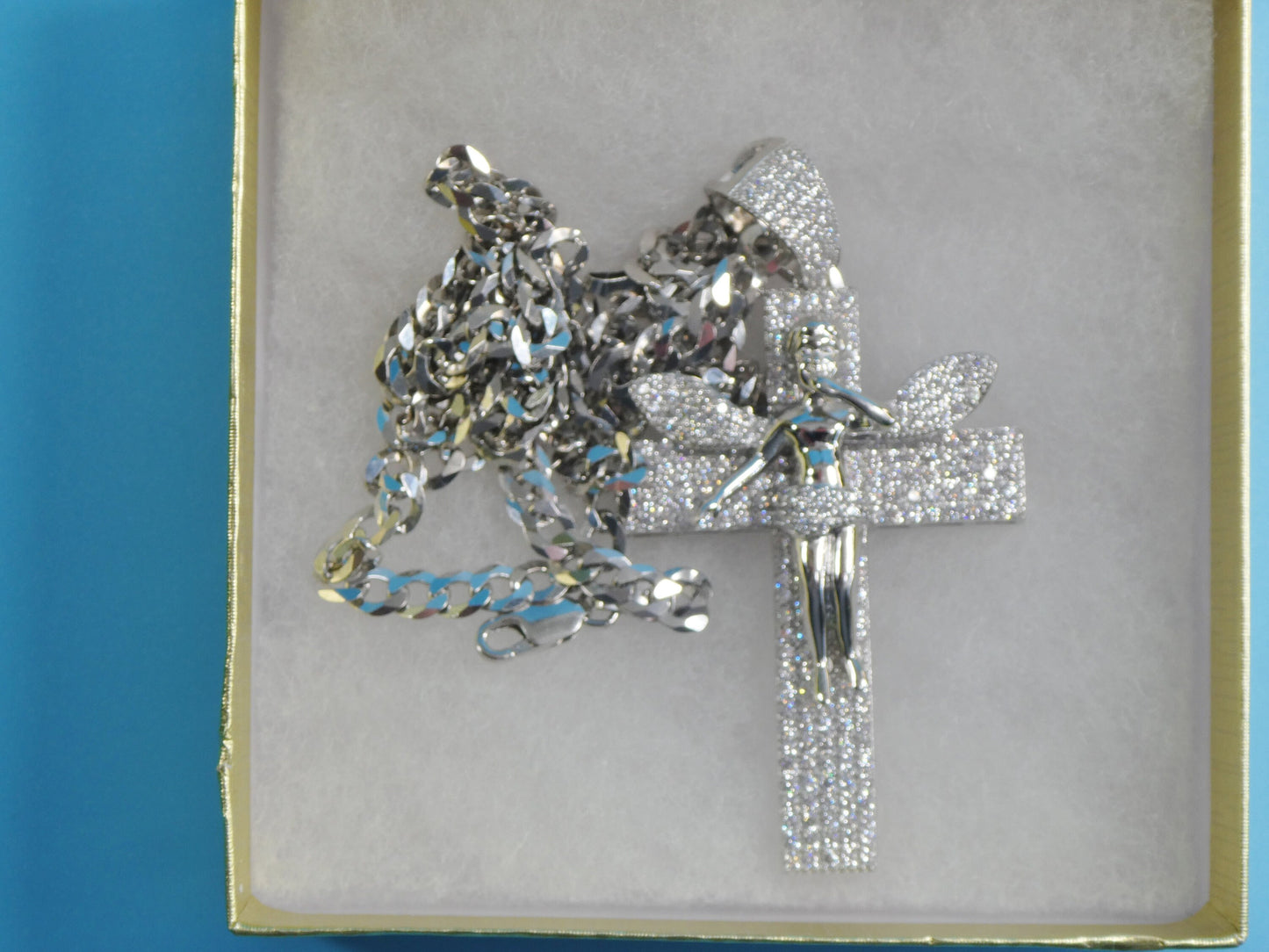 Sterling Silver Angel Cross Pendant: 14k White Gold Tone Cuban Chain