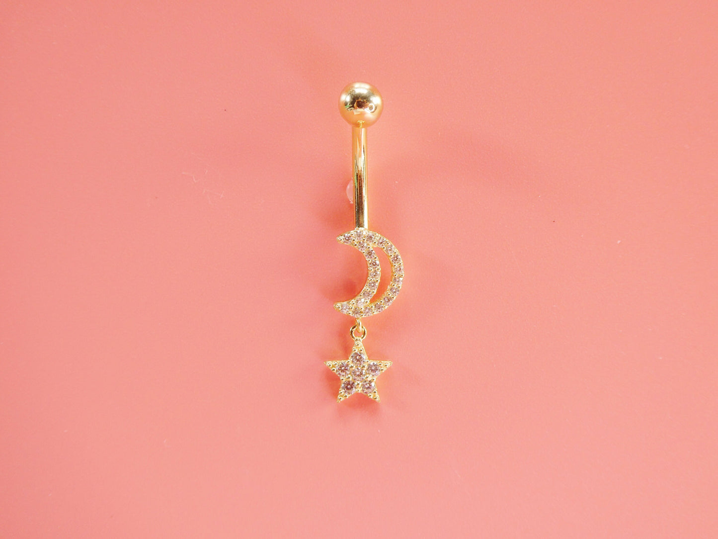14k real solid yellow gold moon and star belly button ring piercing