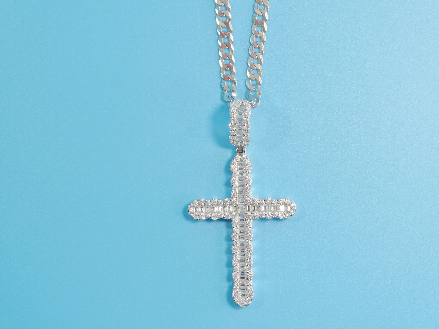 14k white gold color tone chain and large cross charm pendent over real 925 sterling silver