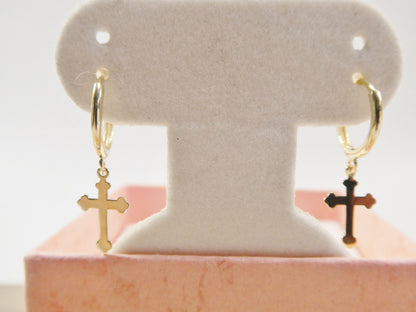 Real 10k Solid Yellow Gold Hoop Huggie Dangle Plain Cross Earrings