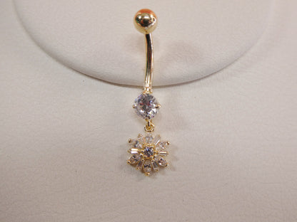 14k Real Solid Yellow Gold Dangling Flower Belly Button Ring piercing
