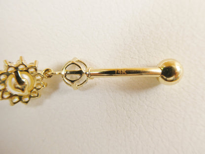 14k Real Solid Yellow Gold Dangling Freshwater Real Pearl Belly Button Ring Piercing