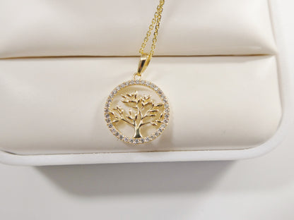 14k Real Solid Yellow Gold Tree of Life Pendant And Cable Necklace